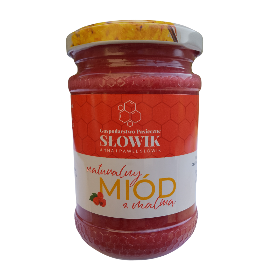 Miód z maliną 400 g – 95% miodu wielokwiatowego, 5% maliny
