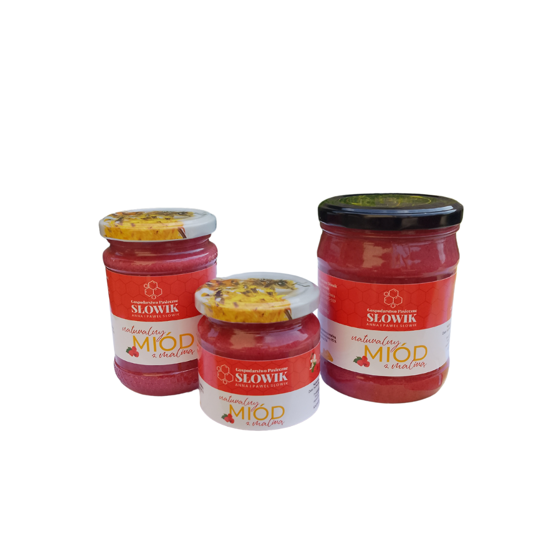 Miód z maliną – dostępne pojemności 270 g, 400 g i 700 g
