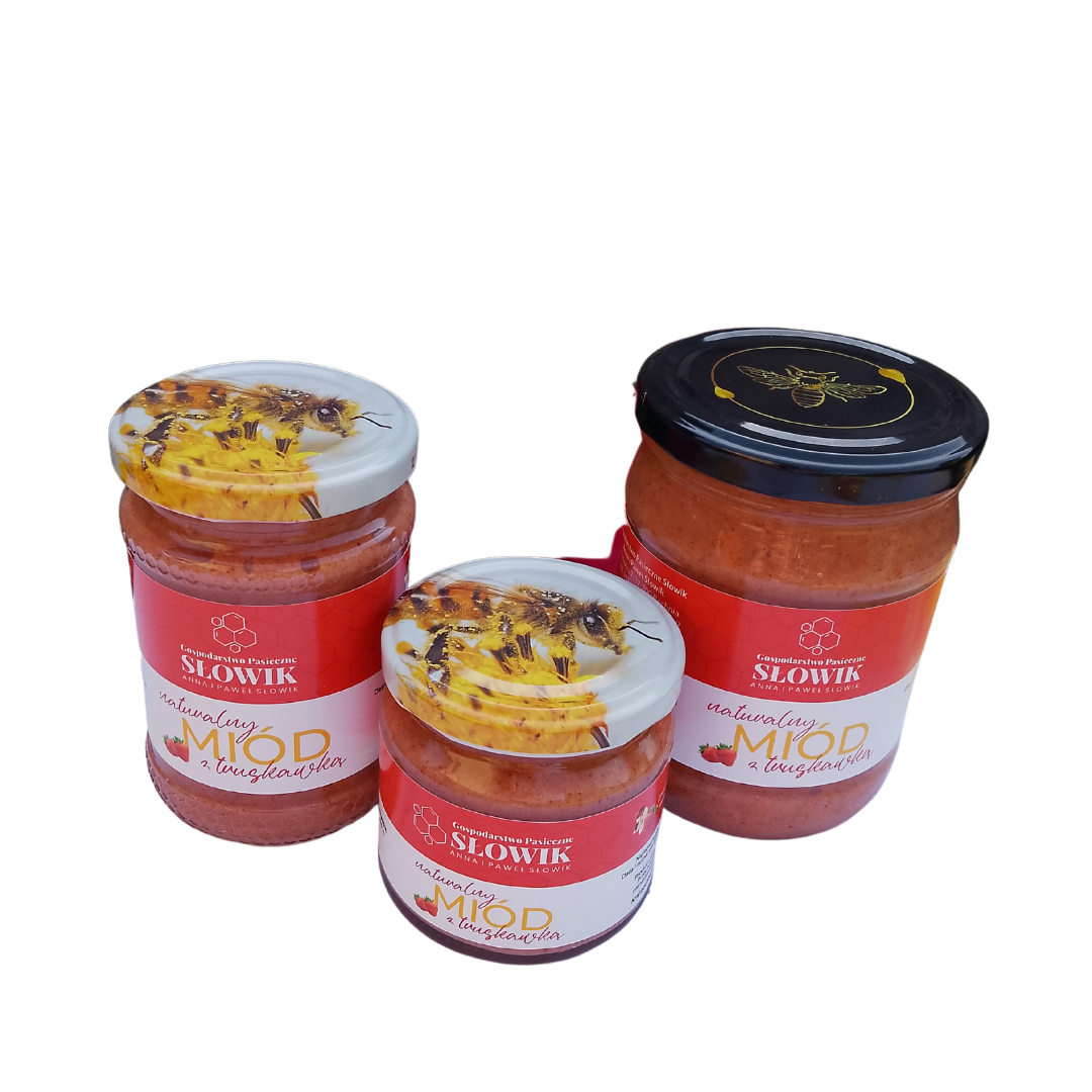 miód z truskawką dostępne pojemności 270 g 400 g 700 g
