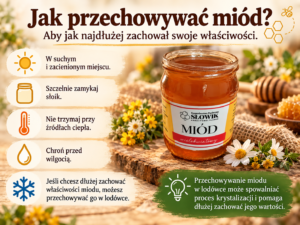 Zasady prawidłowego przechowywania miodu – ochrona przed ciepłem, światłem, wilgocią oraz przechowywanie w lodówce.