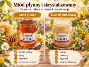 Dlaczego miód krystalizuje? Porównanie płynnego i skrystalizowanego miodu wielokwiatowego z Pasieki Słowik.